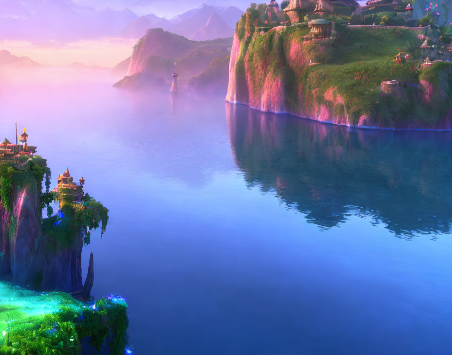 Tranquil fantasy landscape with illuminated cliffs and lush vegetation