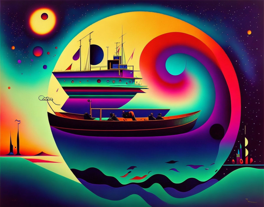 Colorful surreal ship and boat illustration with swirling patterns and stars.