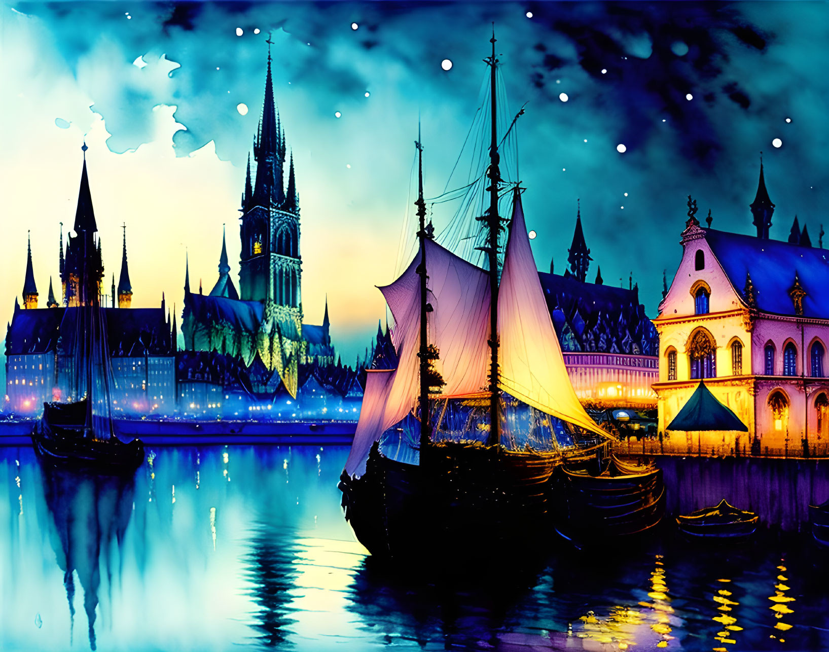 Colorful surreal artwork: sailboat in reflective blue waterway, gothic structures, starlit sky