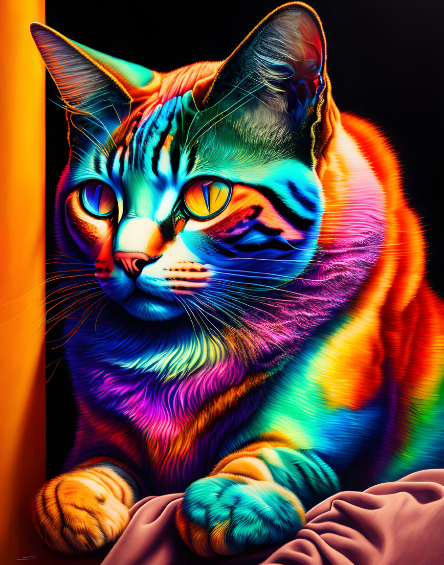 Colorful digital artwork: Rainbow cat with blue eyes on black and orange backdrop