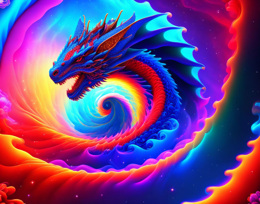 Colorful Illustration: Blue Dragon in Multicolored Vortex