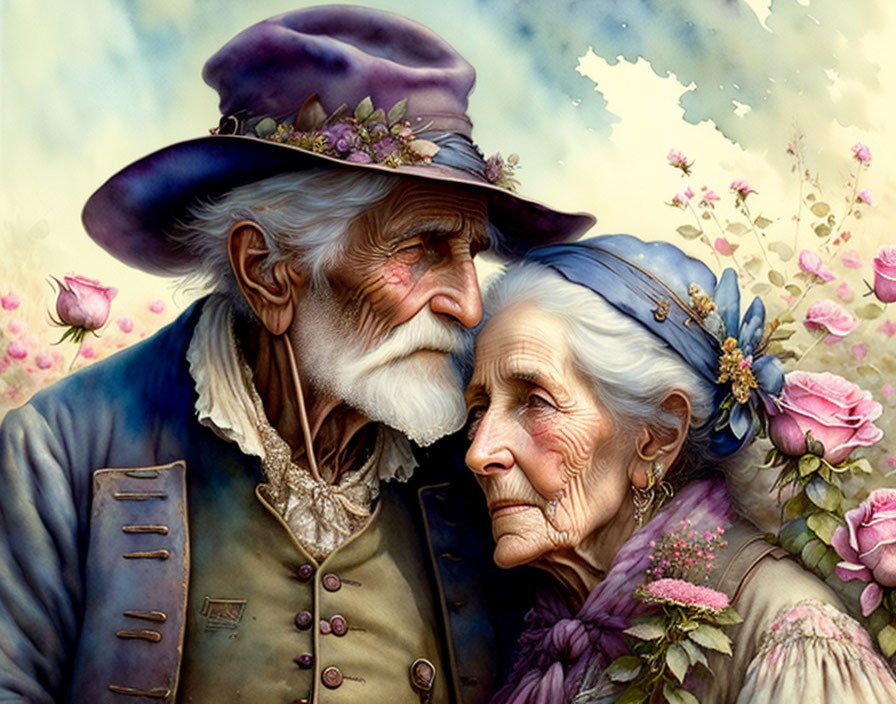 Elderly couple in vintage attire surrounded by blooming flowers