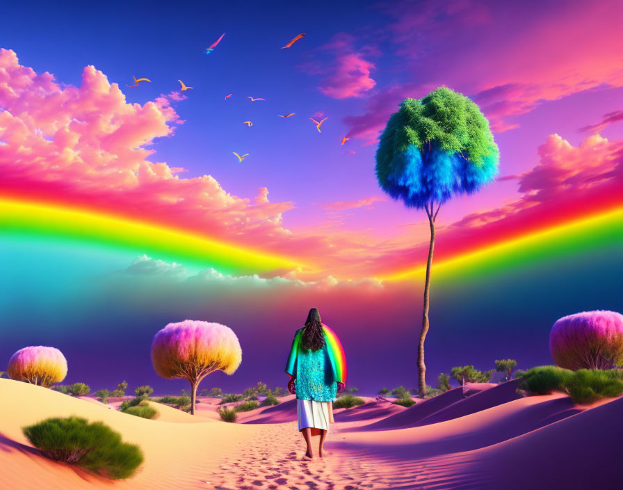 Colorfully dressed person walks towards vibrant rainbow in surreal desert with purple sand, whimsical trees, and