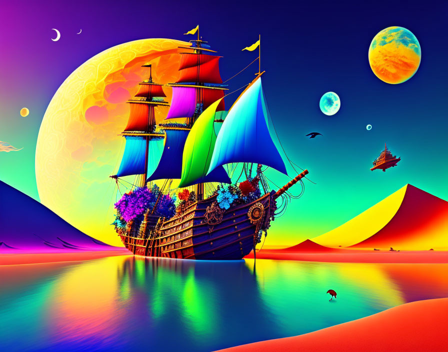 Colorful sailing ship on surreal sea with moons & dunes