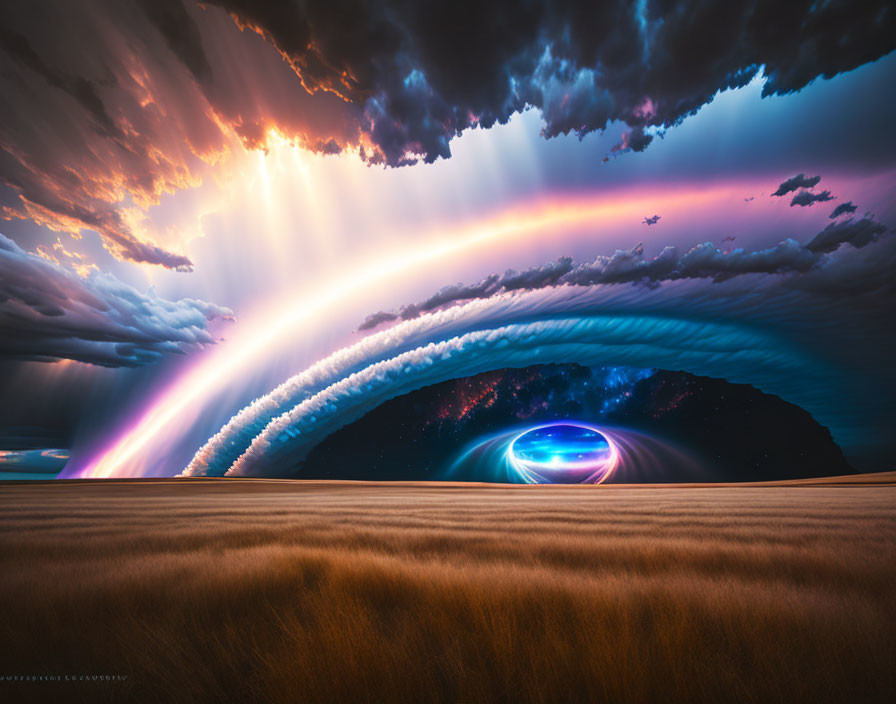 Vibrant rainbow over field with glowing portal and ominous clouds