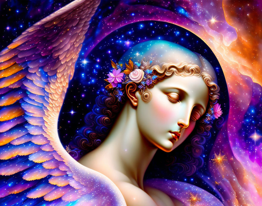 Fantasy illustration of serene angel with cosmic elements