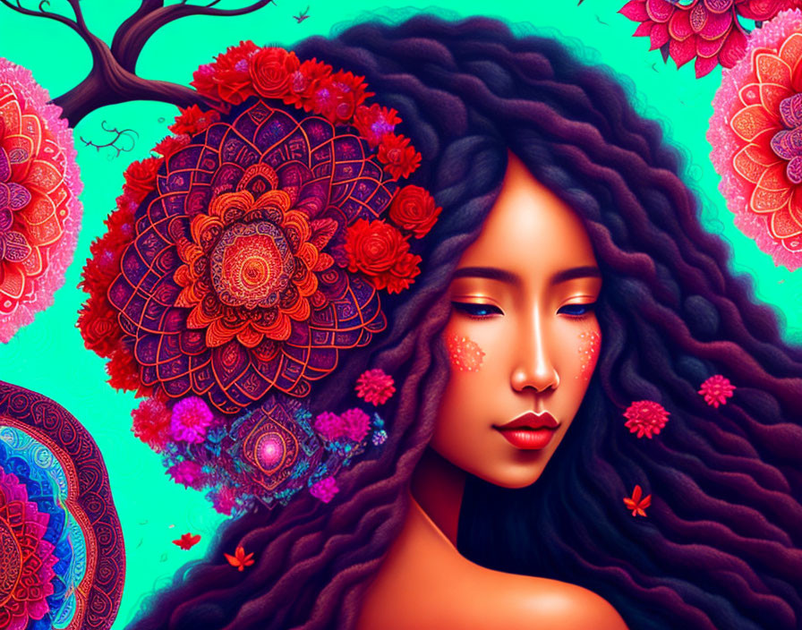 Digital illustration: Woman with curly hair and floral mandalas on teal background