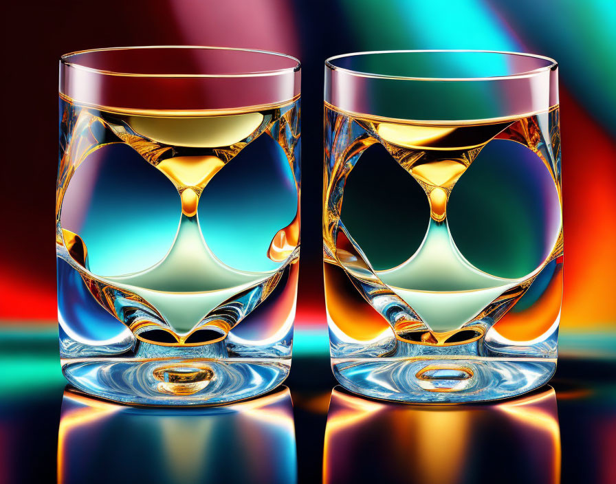 Ornate Whiskey Glasses on Reflective Surface with Multicolored Background