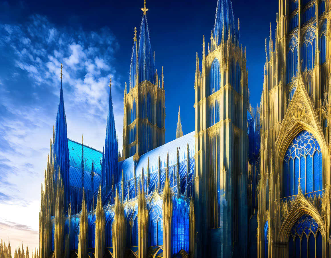 Gothic cathedral with towering spires and glowing stained glass windows