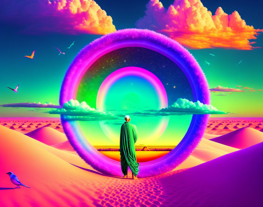 Person in cape by vibrant circular portal in desert landscape