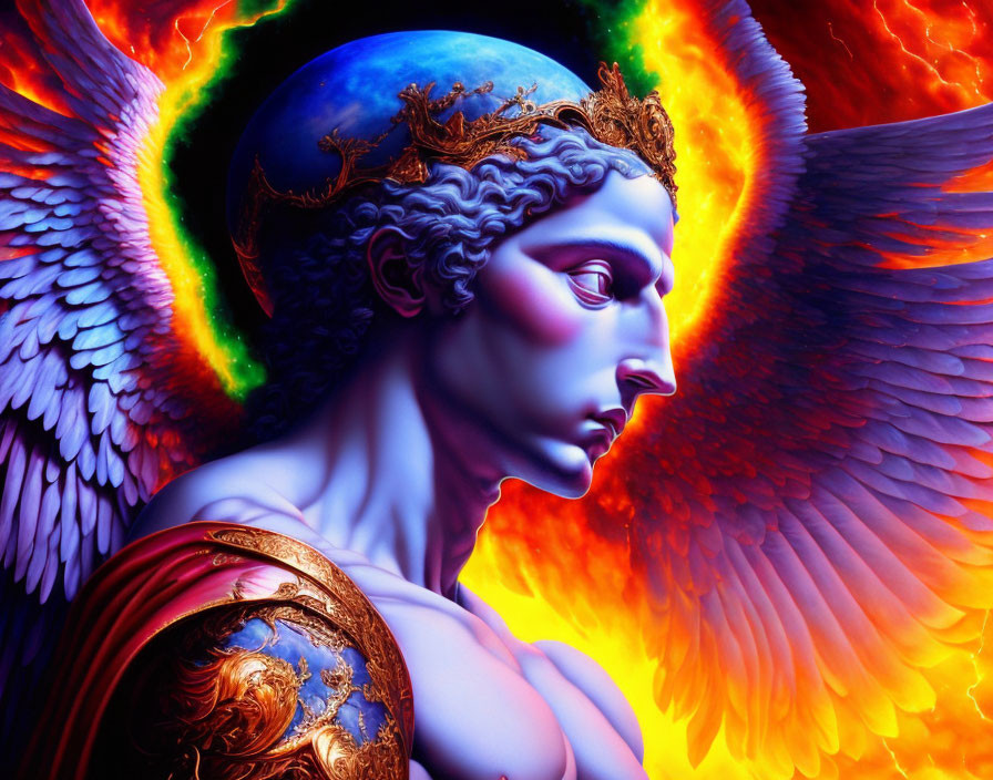 Vibrant digital artwork: Winged figure with fiery halo, blue skin, golden armor