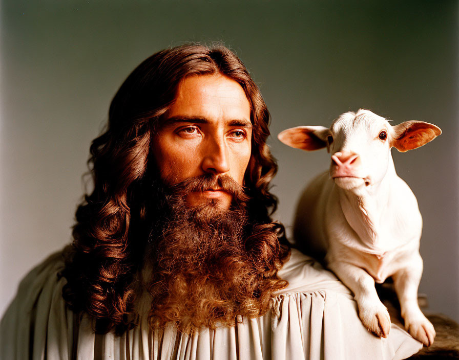 Man with Long Wavy Hair and Beard Poses Beside White Calf