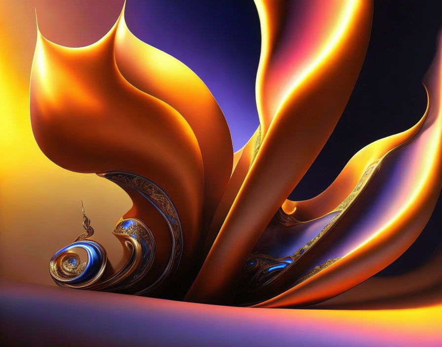 Fiery abstract digital art with flowing shapes and metallic spiral.