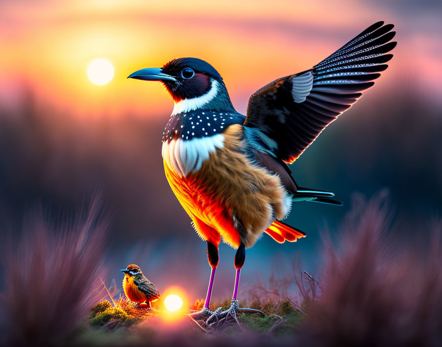 Colorful bird with outstretched wings beside smaller bird at sunset