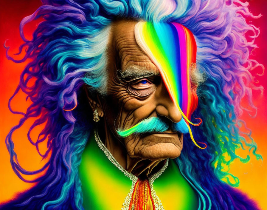 Colorful portrait of elderly person with rainbow beard and fiery backdrop