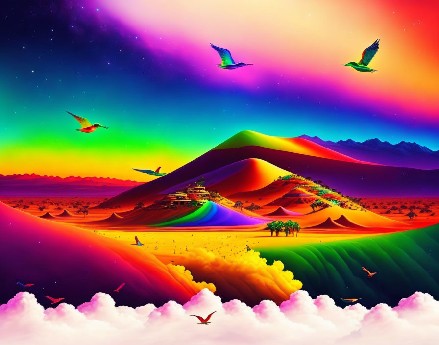 Colorful fantasy landscape with rainbow mountains and flying birds