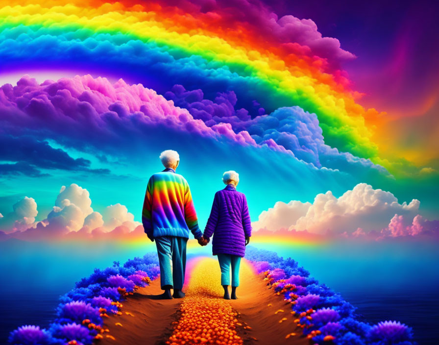 Elderly Couple Walking Towards Vibrant Rainbow & Colorful Flowers