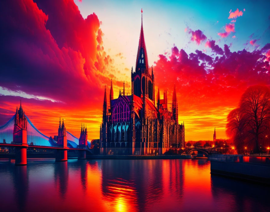 Vibrant pink and orange sunset over Gothic cathedral and bridge reflected in river