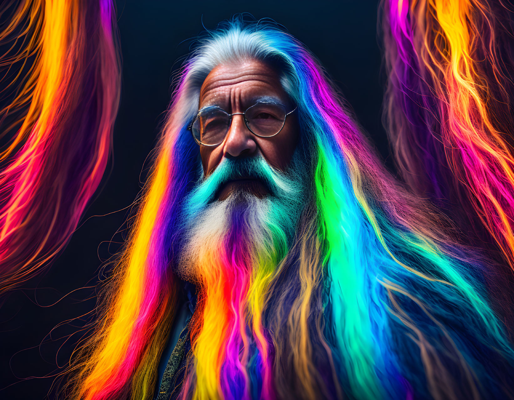 Elder Man with Rainbow Beard and Glasses on Dark Background