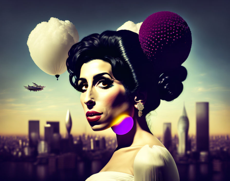 Colorful makeup on stylized woman in surreal cityscape.