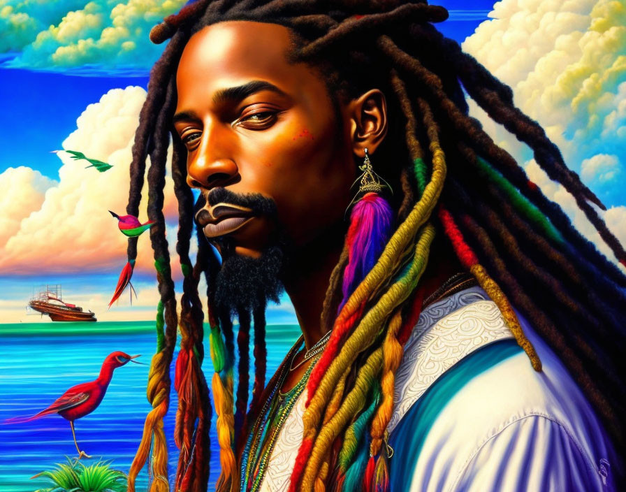 Colorful portrait of man with dreadlocks and jewelry against sea, sky, and birds.