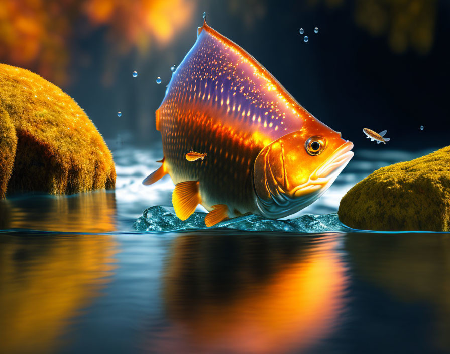 Colorful Oversized Fish Leaping Above Water Surface