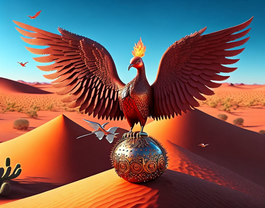 Majestic phoenix on ornate sphere in desert landscape