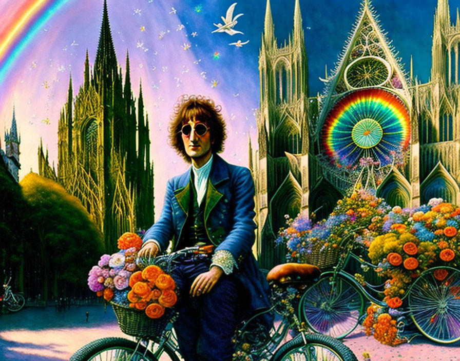 Man on Bike in Surreal Landscape with Flowers and Gothic Cathedrals