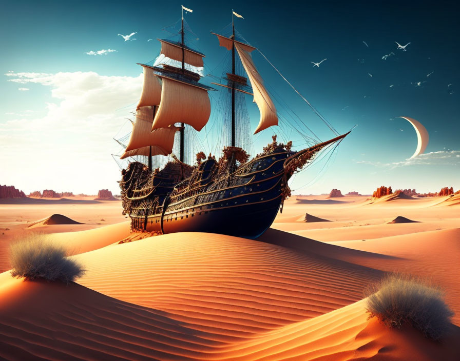 Tall ship with full sails marooned on sand dunes under crescent moon and distant planet