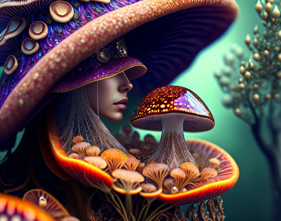 Colorful digital artwork of a woman in mushroom hat among fantasy plants