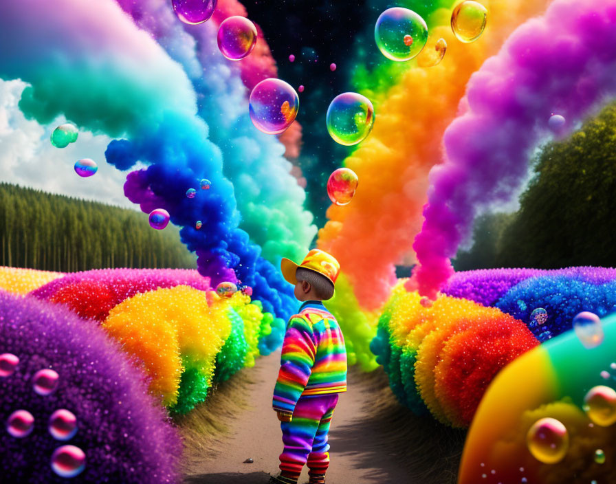 Child in Colorful Outfit Observing Soap Bubbles in Rainbow Forest