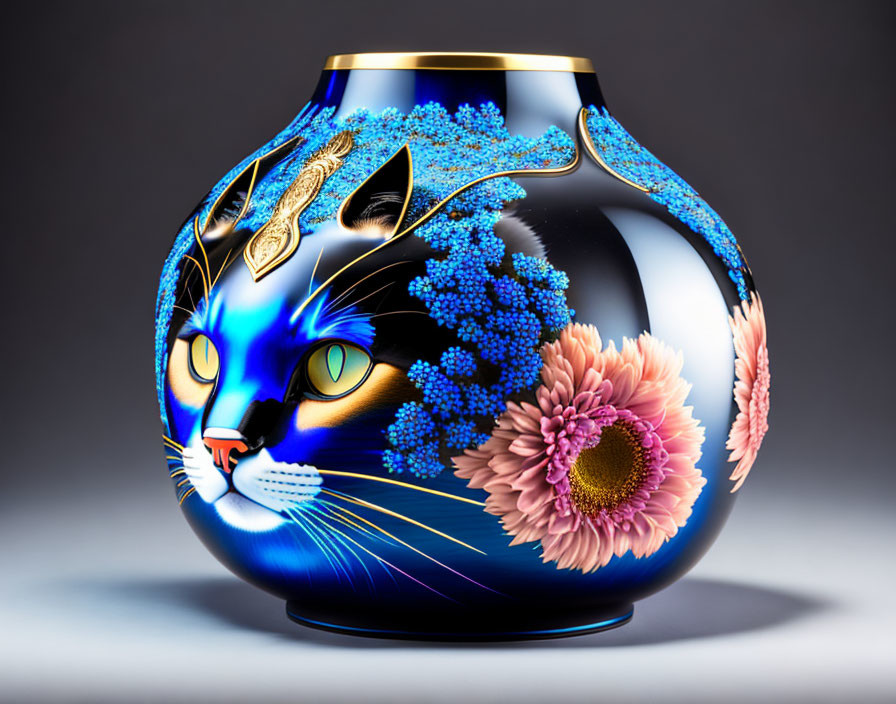 Colorful Blue Cat Face Vase with Intricate Patterns and Flowers