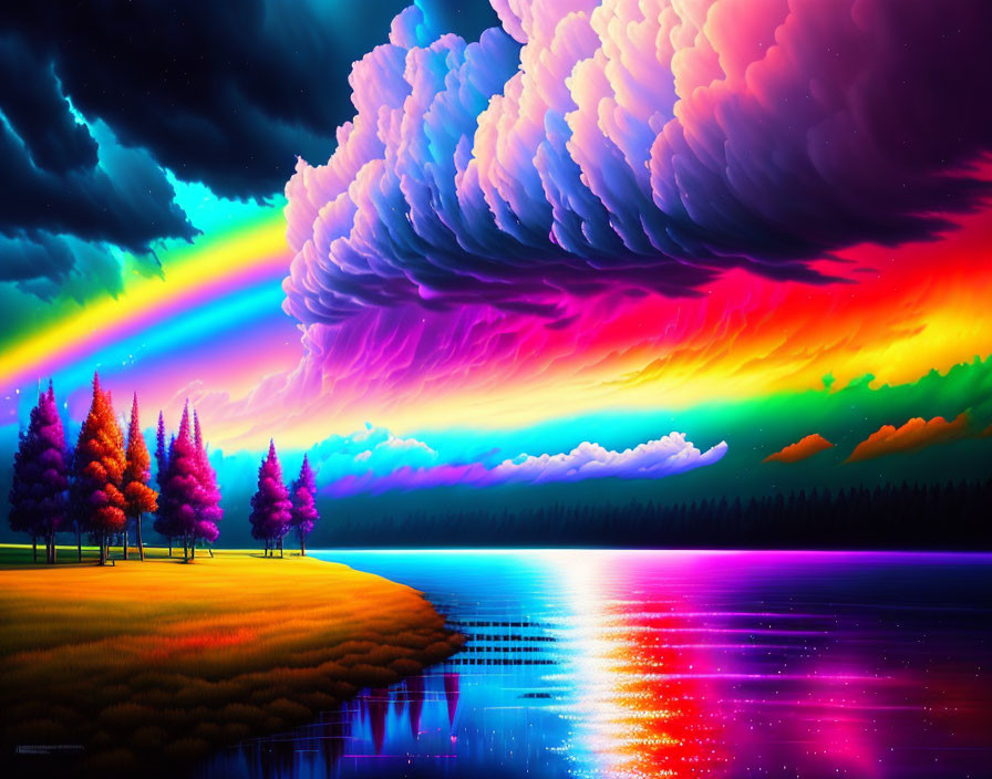 Colorful surreal landscape with rainbow sky and serene lake