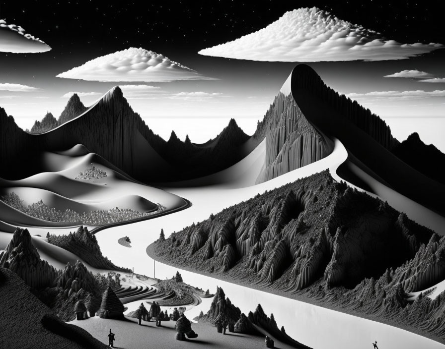 Monochrome surreal landscape with peaks, valleys, clouds, and winding road