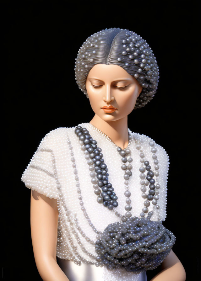 Pearl Necklaces and Ornate Headpiece on Mannequin Bust