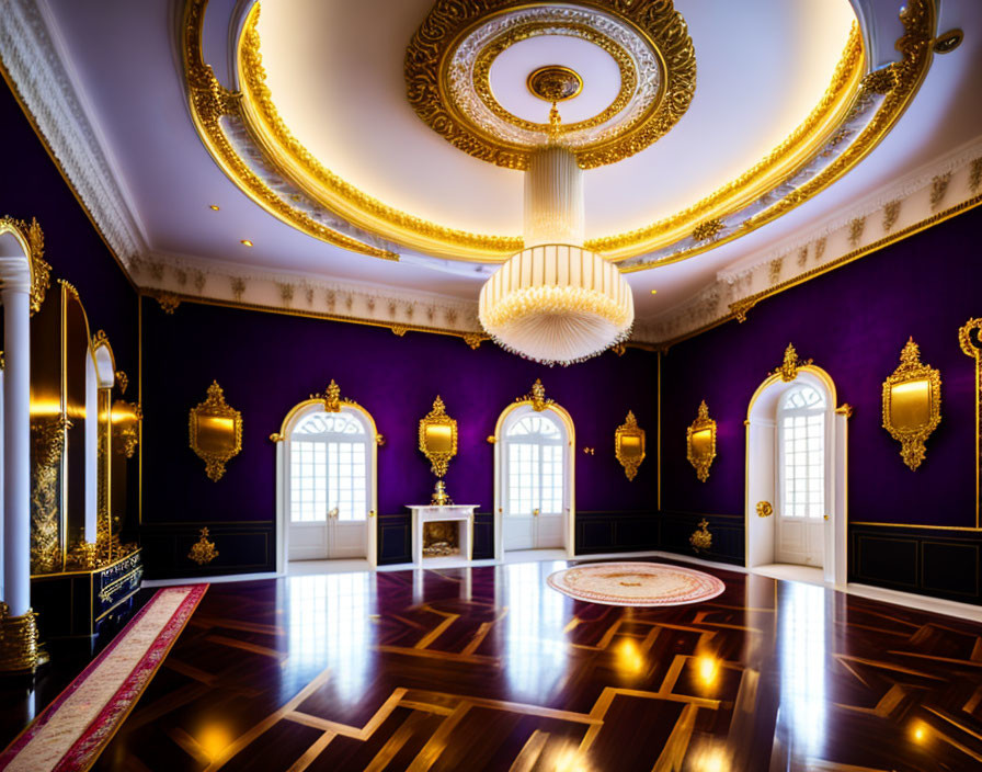 Luxurious Purple Room with Gold Trimmings and Chandeliers