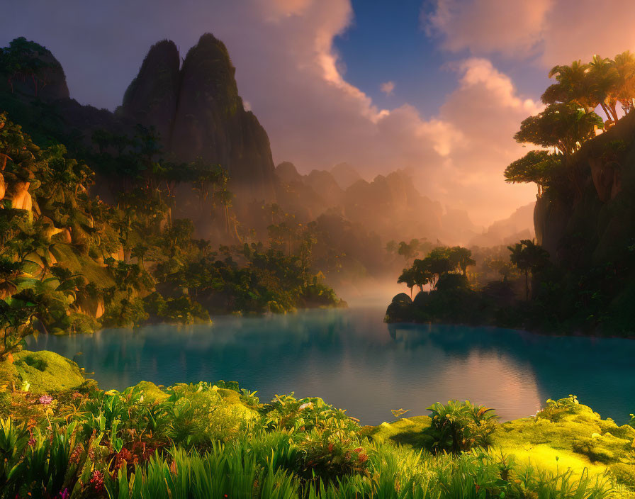 Tranquil misty sunrise over lush tropical landscape