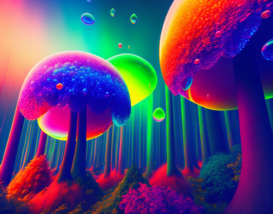 Colorful Alien Landscape with Luminescent Mushrooms and Floating Bubbles