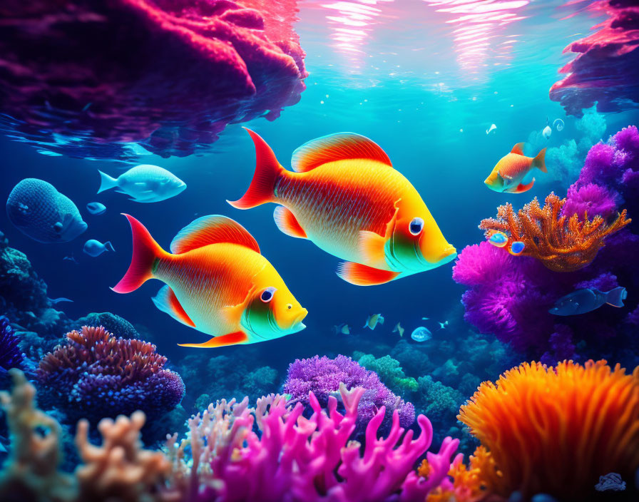 Colorful Coral Reefs and Orange Fish in Vibrant Underwater Scene