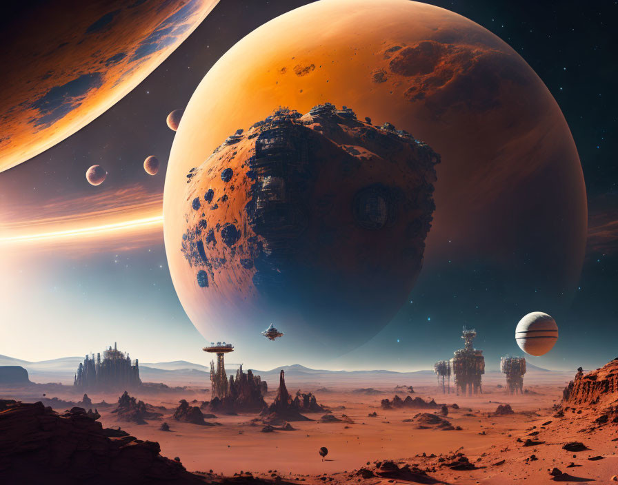 Futuristic sci-fi landscape with moons, desert, buildings, and spaceships