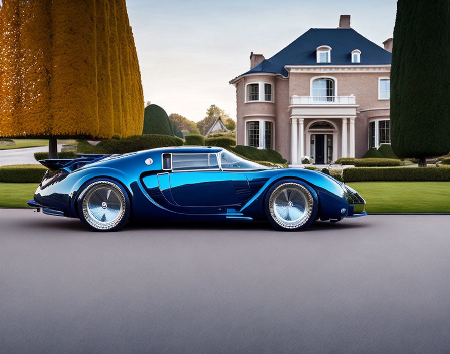 Luxury Blue Car Parked in Front of Elegant Mansion