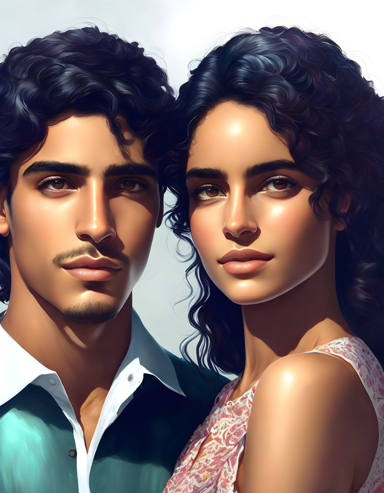 Portrait of young man and woman with dark curly hair and olive skin