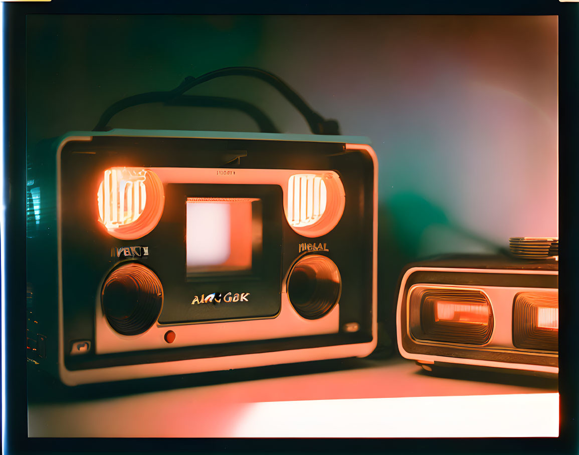 Vintage-style radio and speaker illuminated by colorful lighting