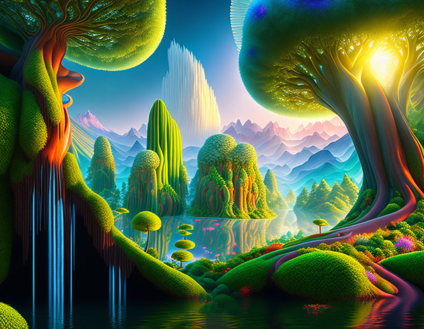 Fantastical landscape with luminescent trees and waterfalls