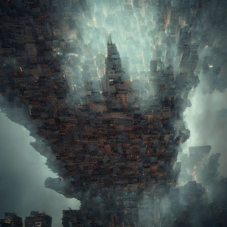 Upside-Down Buildings in Surreal Cityscape