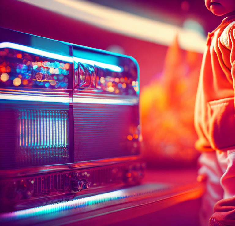 Colorful illuminated jukebox with person in orange jacket - retro, vibrant atmosphere