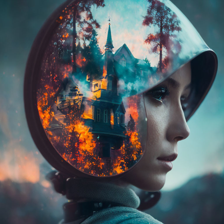 Profile of a woman with house and autumn trees reflected on her space helmet visor