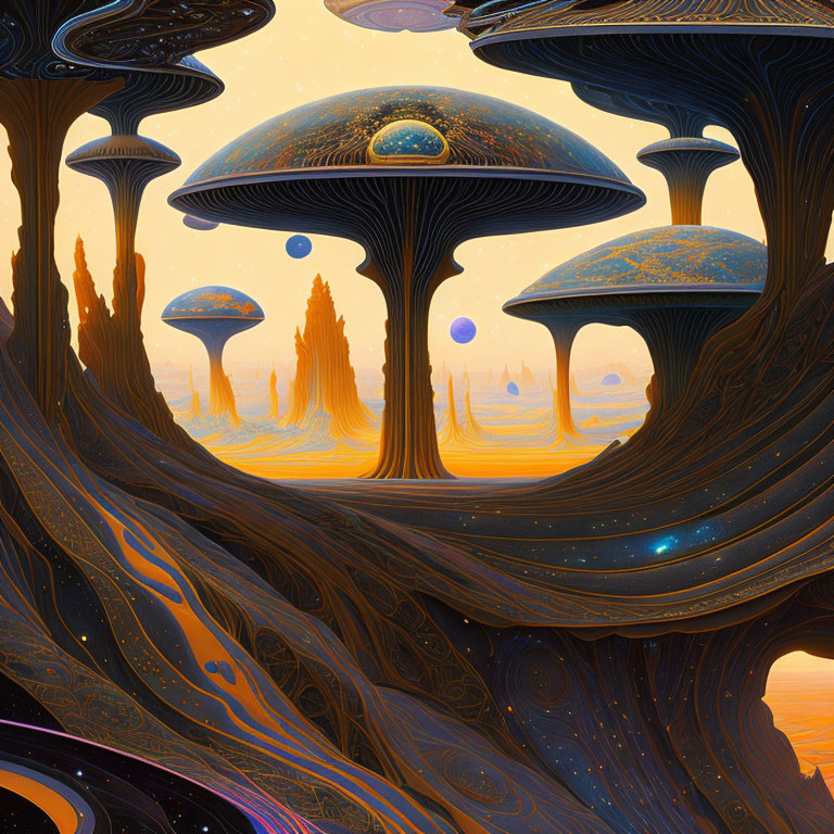 Surreal landscape with towering mushroom-like structures and swirling patterns in an orange sky