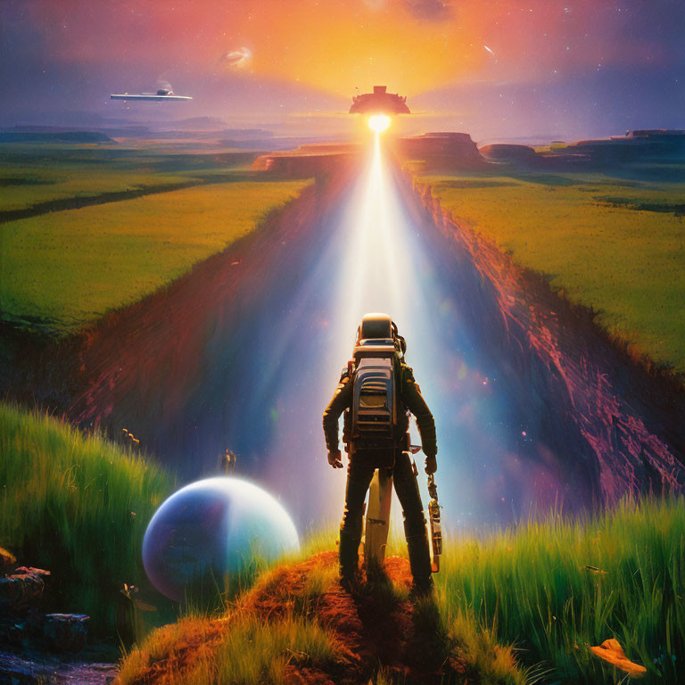 Astronaut on grassy cliff at sunset with spaceships and spherical object