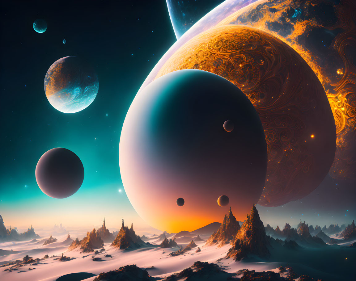 Colorful cosmic landscape with planets and alien terrain under starry sky